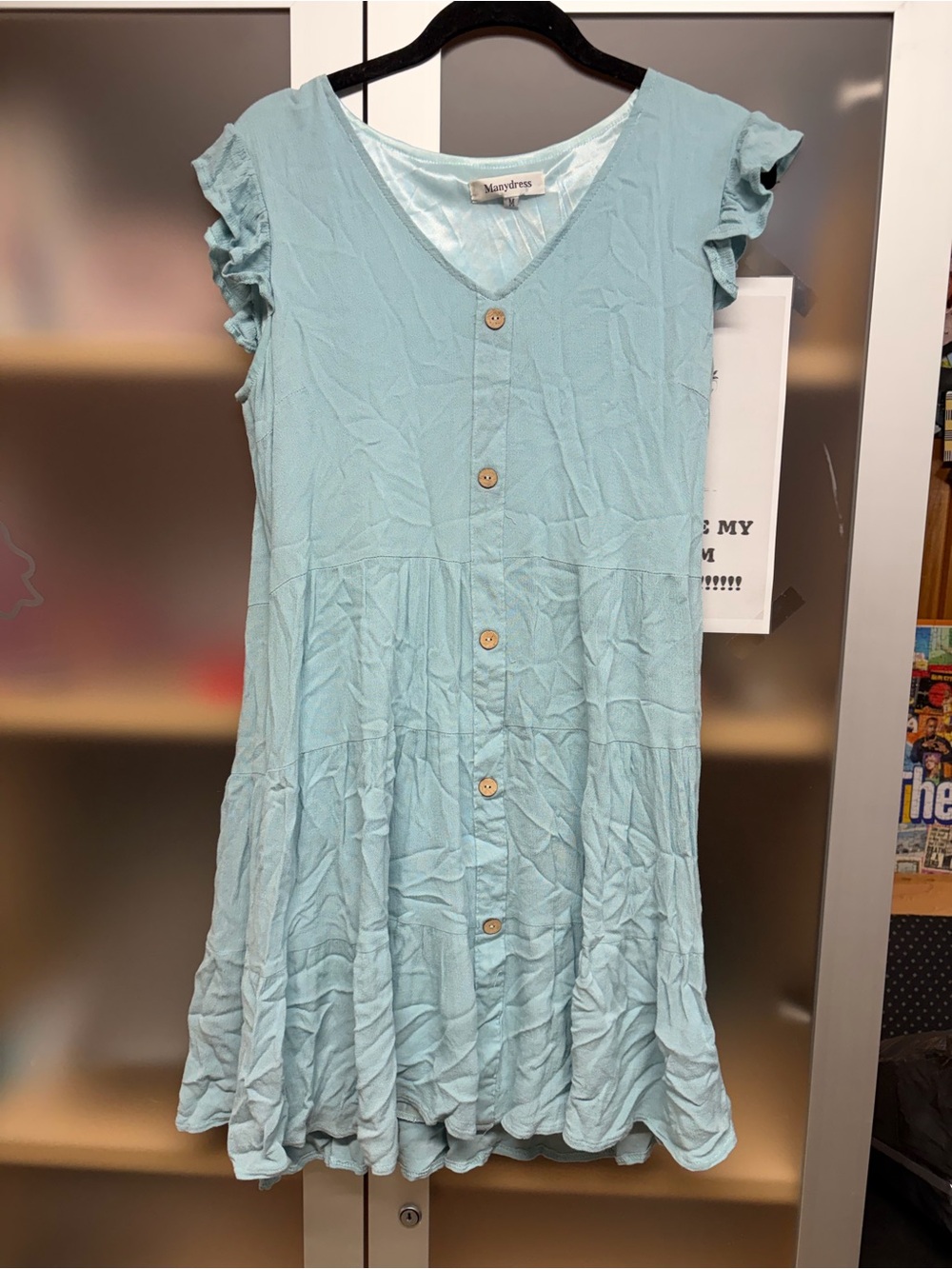 Women’s Manydress Blue Lined Short Sleeve Tiered Mini Button Up Dress, size M